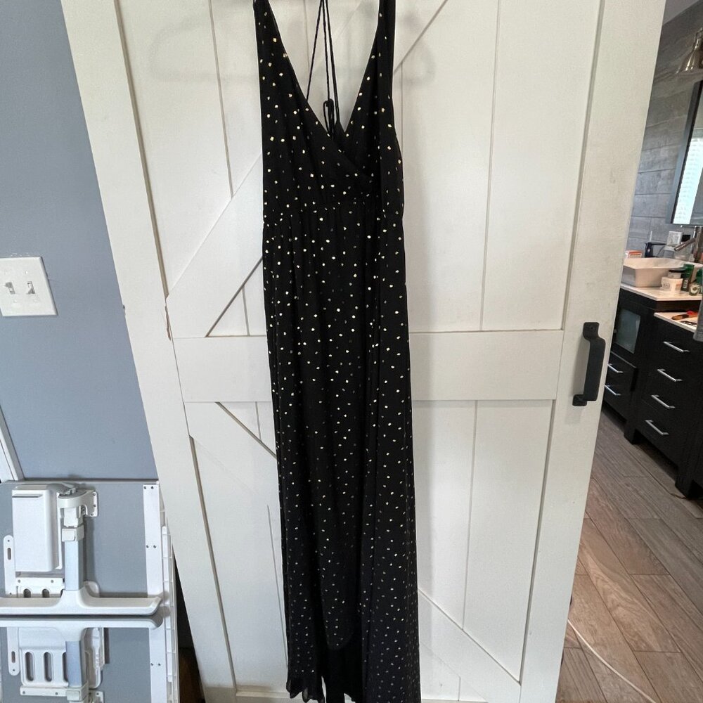 Express Goddess Maxi Dress Strappy Hi-Low Gold Fleck Sleeveless Black Womens M